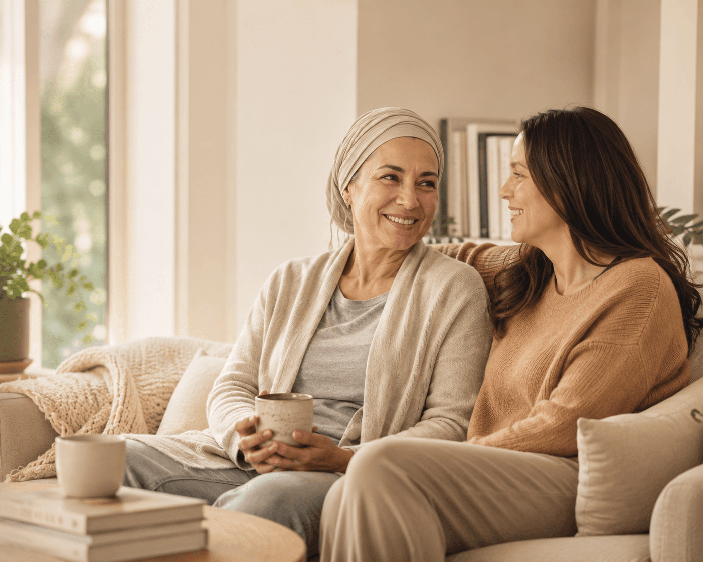 Two women talking warmly on a couch — a survivor and the person she walks with